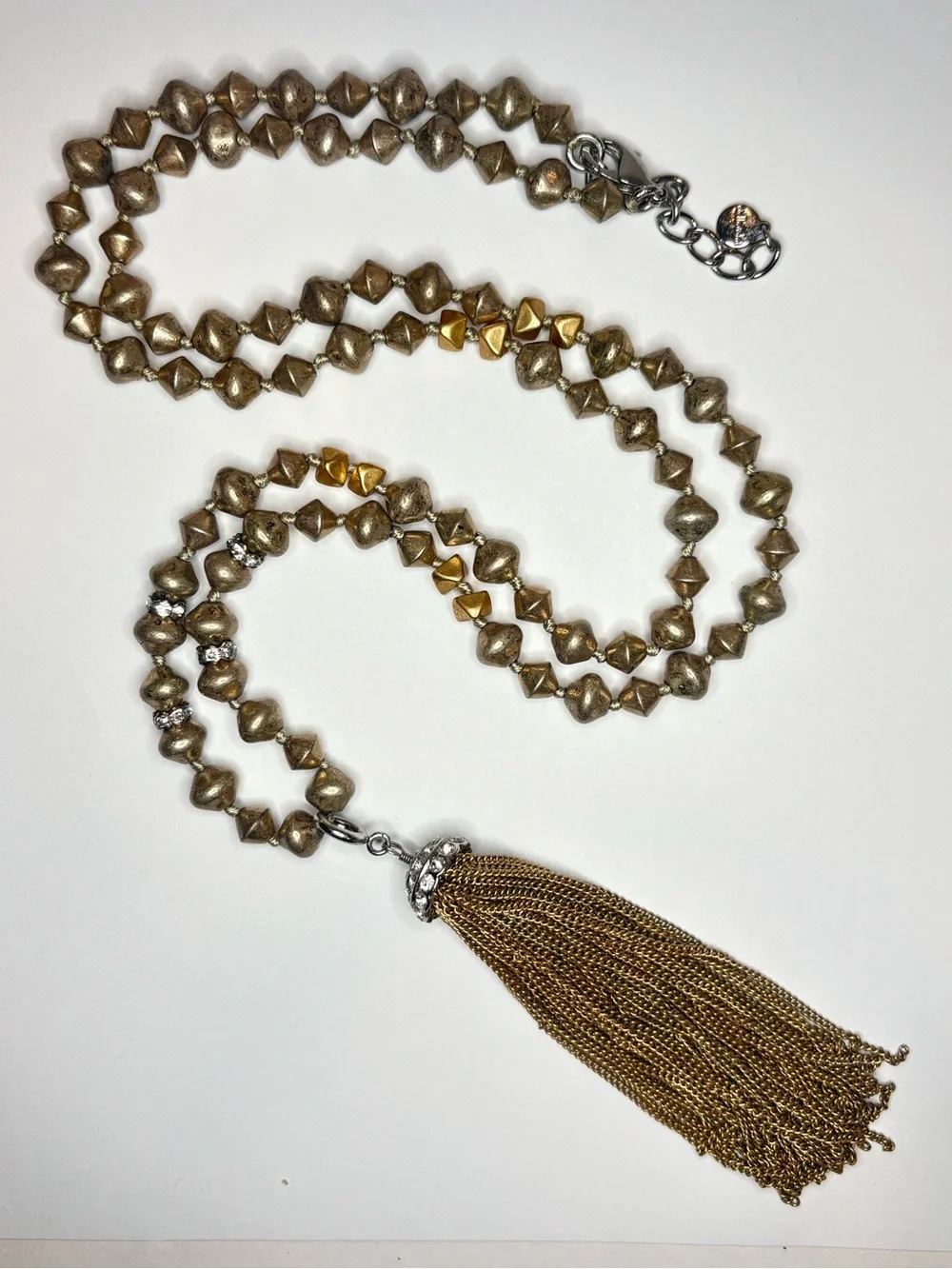 Stella Dot Necklace Milana Tassel Mixed Metals Silver Gold Pave Rhinestones 33”